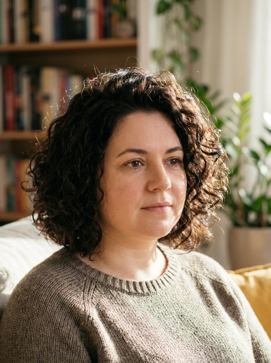 Curly Bob mit kontrollierter Seitenfülle - Kurzhaarfrisur für rundes Gesicht